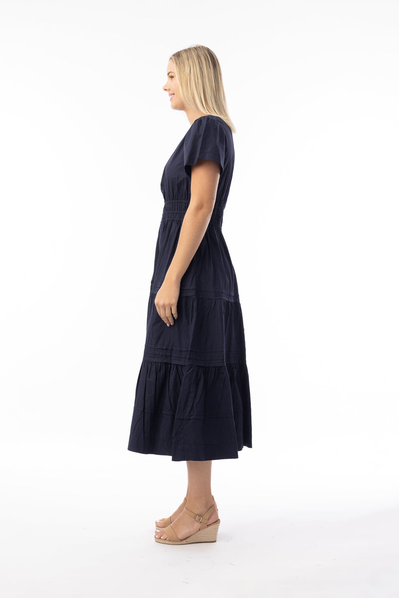 Load image into Gallery viewer, Orientique Womens Poplin Essentials Dress Maxi Ruched - Navy
