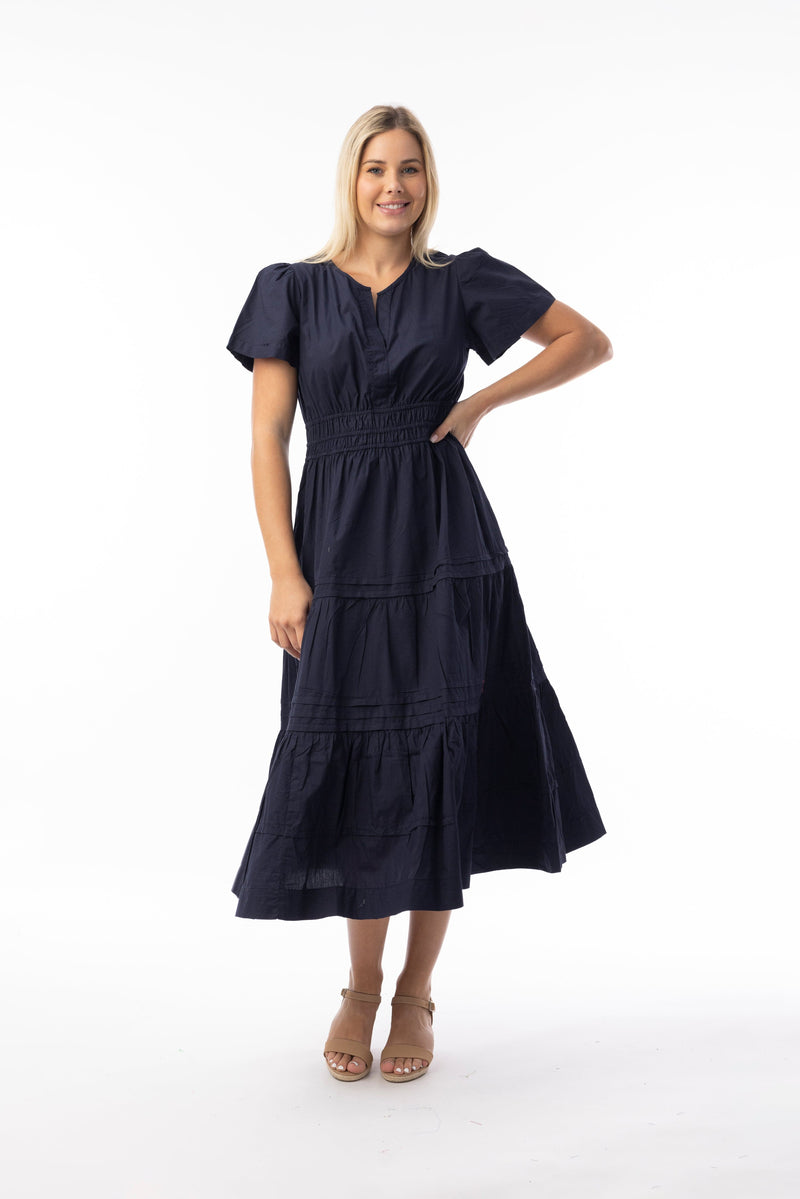 Load image into Gallery viewer, Orientique Womens Poplin Essentials Dress Maxi Ruched - Navy
