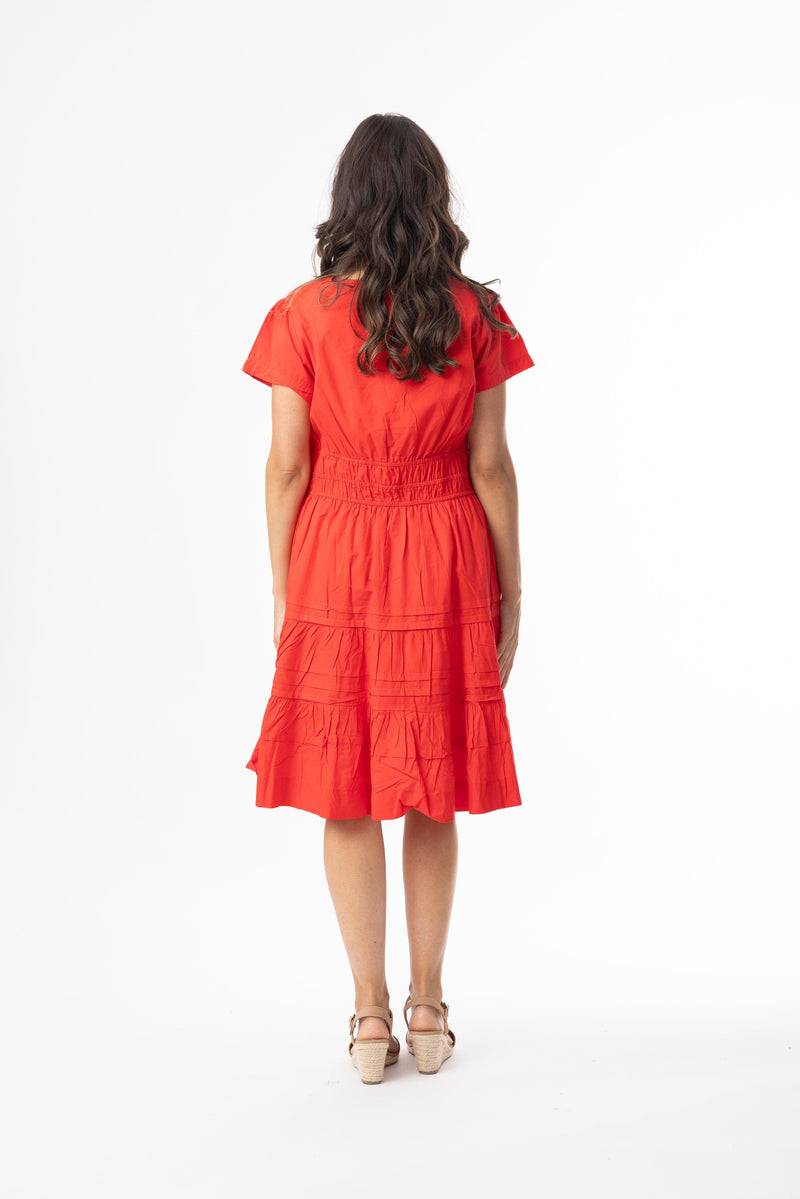 Load image into Gallery viewer, Orientique Womens Poplin Essentials Dress Short Ruched - Red
