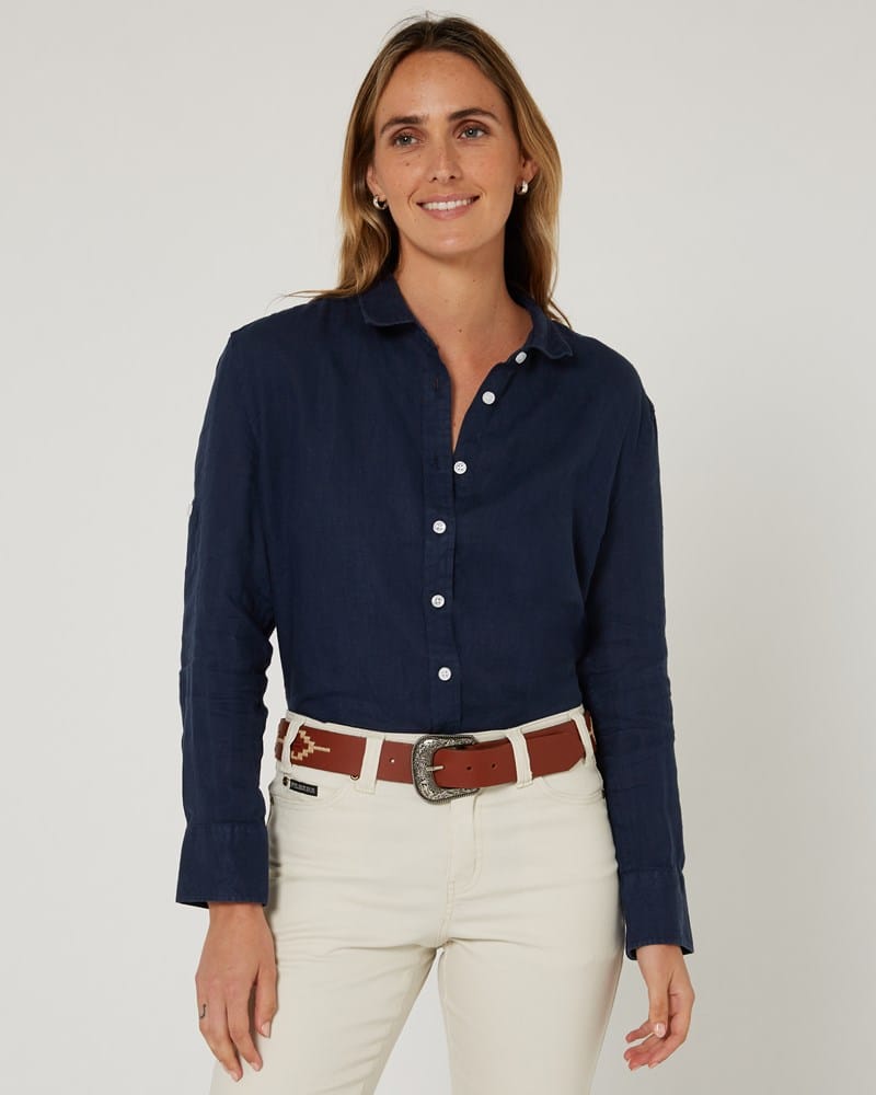Load image into Gallery viewer, Pilbara Womens Florence Classic Linen Shirt - Navy
