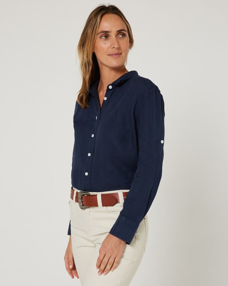 Load image into Gallery viewer, Pilbara Womens Florence Classic Linen Shirt - Navy
