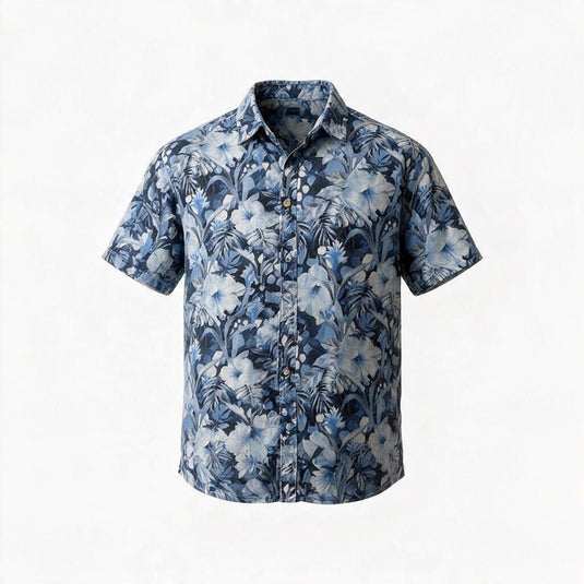 Cipollini Gold Mens Short Sleeve Bamboo Shirt -  Blue Palm Trees