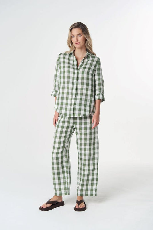 Goondiwindi Cotton 3/4 Sleeve Linen Shirt - Cedar Green Check