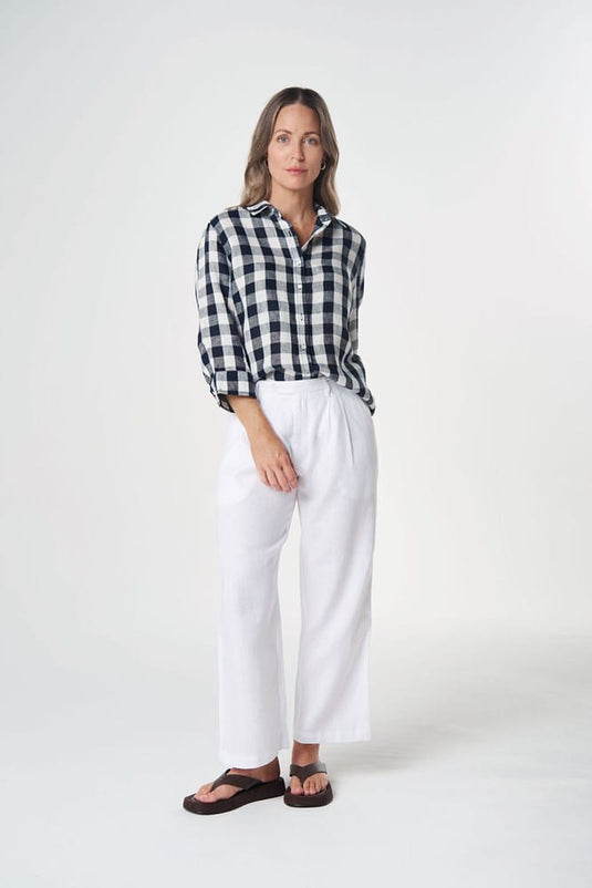 Goondiwindi Cotton 3/4 Sleeve Linen Shirt - Dark Navy Check