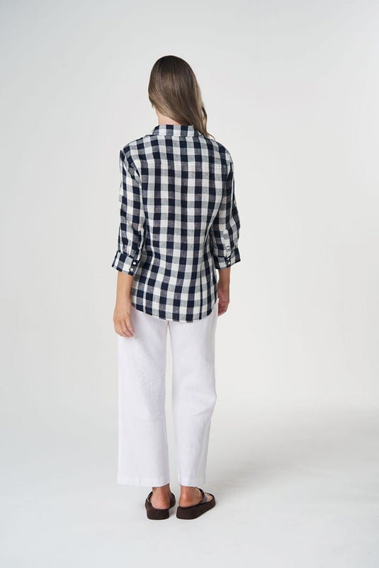 Goondiwindi Cotton 3/4 Sleeve Linen Shirt - Dark Navy Check