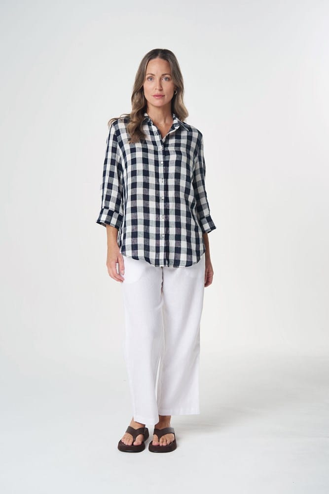 Load image into Gallery viewer, Goondiwindi Cotton 3/4 Sleeve Linen Shirt - Dark Navy Check
