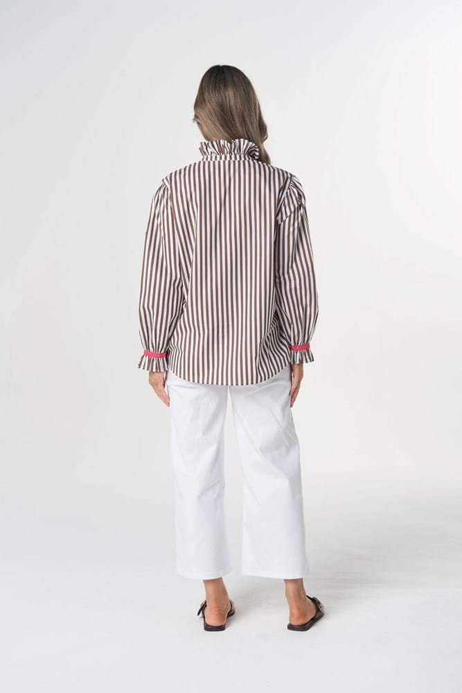 Load image into Gallery viewer, Goondiwindi Cotton Skye Frill Neck Cotton Shirt - Chocolate Stripe
