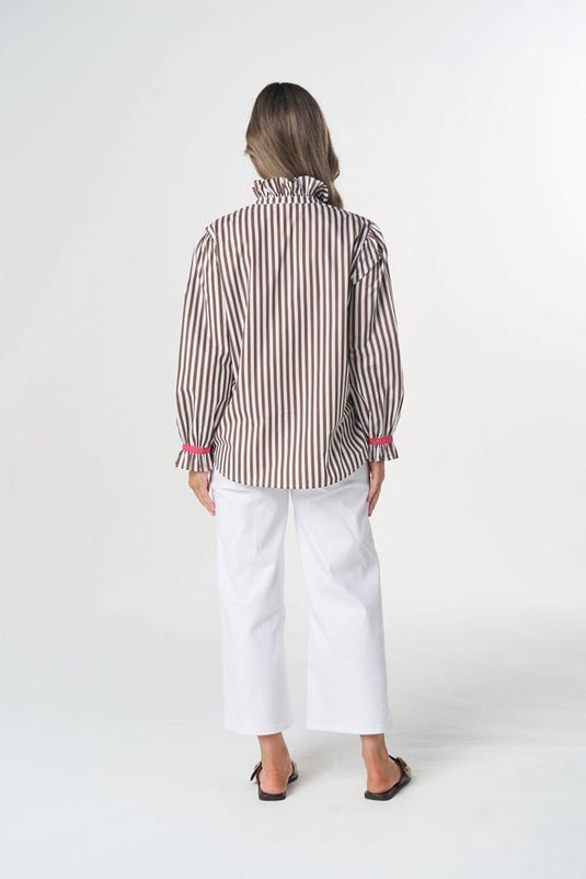 Goondiwindi Cotton Skye Frill Neck Cotton Shirt - Chocolate Stripe