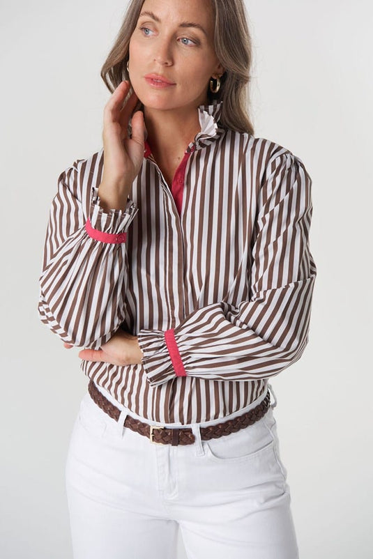 Goondiwindi Cotton Skye Frill Neck Cotton Shirt - Chocolate Stripe