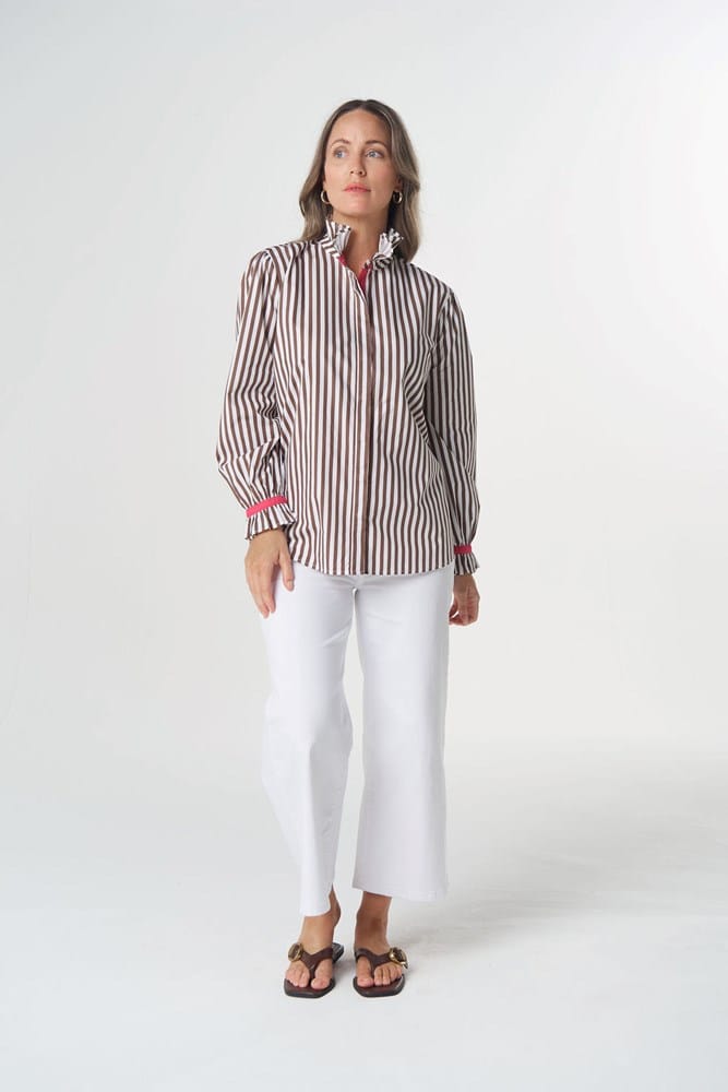 Load image into Gallery viewer, Goondiwindi Cotton Skye Frill Neck Cotton Shirt - Chocolate Stripe
