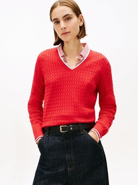 Load image into Gallery viewer, Tommy Hilfiger Womens Cotton Cable V-Neck Sweater

