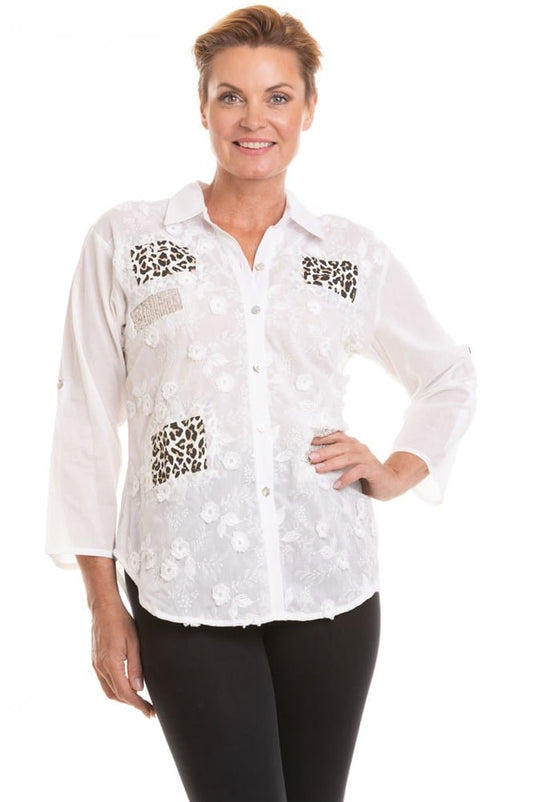 Kleio Womens Embroidered Floral/Leopard Blouse