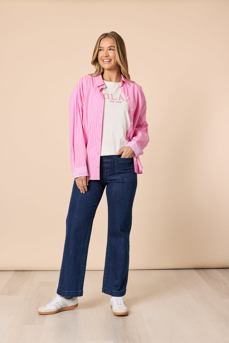 Load image into Gallery viewer, Threadz Womens Cabo Stripe Shirt - Pink/White
