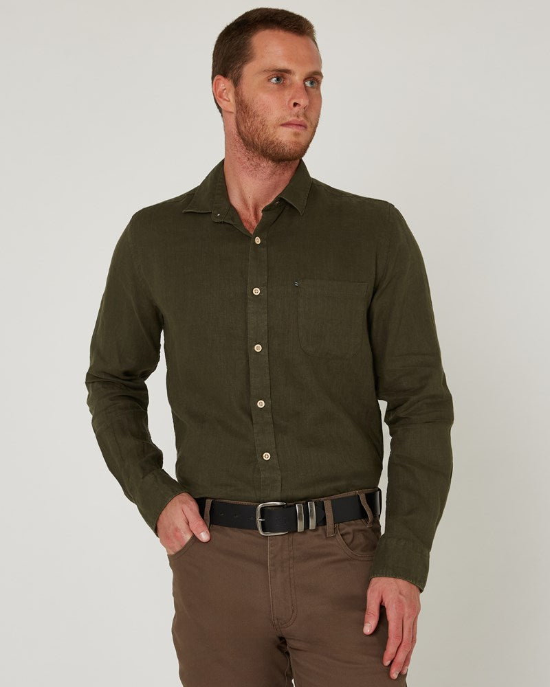 Load image into Gallery viewer, Pilbara Mens Linen Long Sleeve Shirt - Olive
