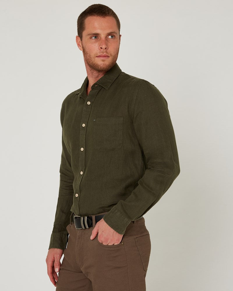 Load image into Gallery viewer, Pilbara Mens Linen Long Sleeve Shirt - Olive
