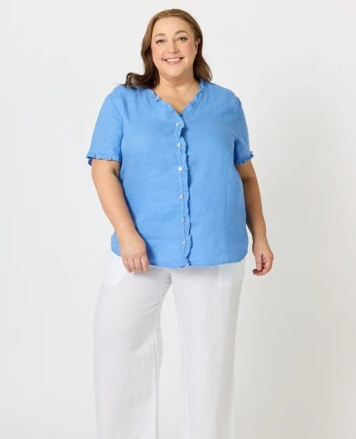 Load image into Gallery viewer, Gordon Smiths Womens Audrey Linen Short Sleeve Ruffle Shirt
