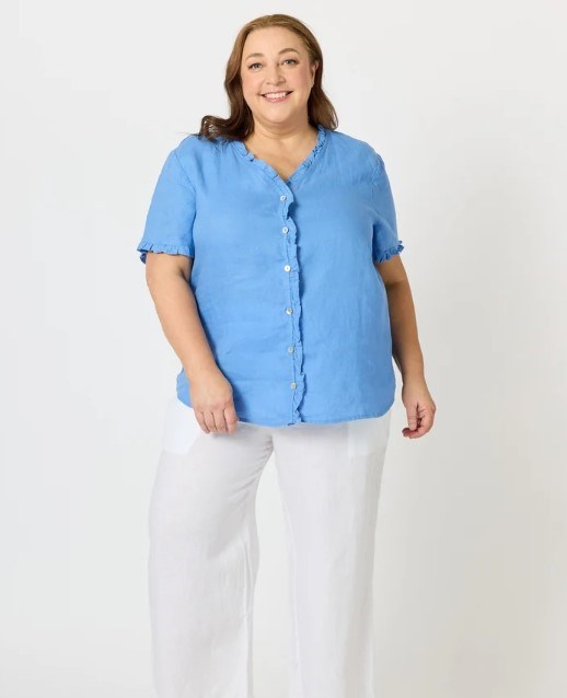 Load image into Gallery viewer, Gordon Smiths Womens Audrey Linen Short Sleeve Ruffle Shirt
