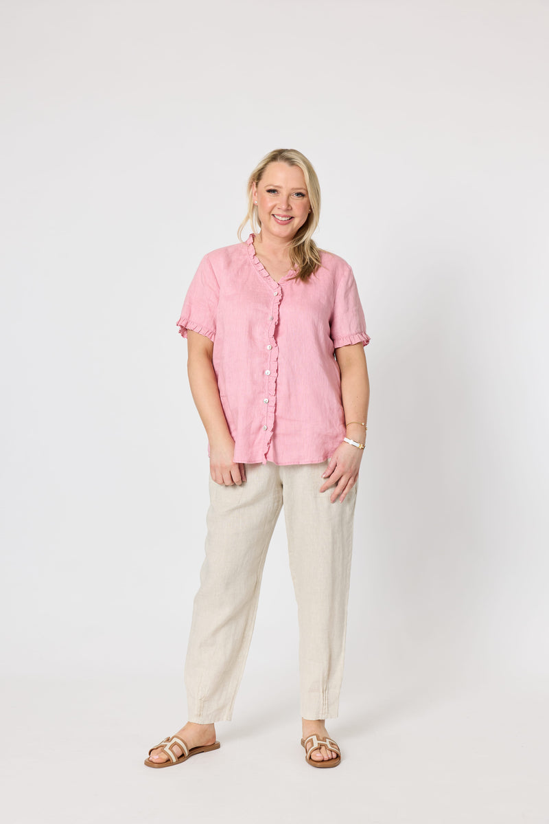 Load image into Gallery viewer, Gordon Smiths Womens Audrey Linen Short Sleeve Ruffle Shirt
