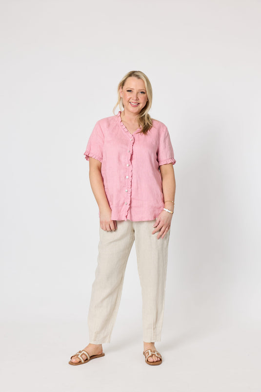Gordon Smiths Womens Audrey Linen Short Sleeve Ruffle Shirt