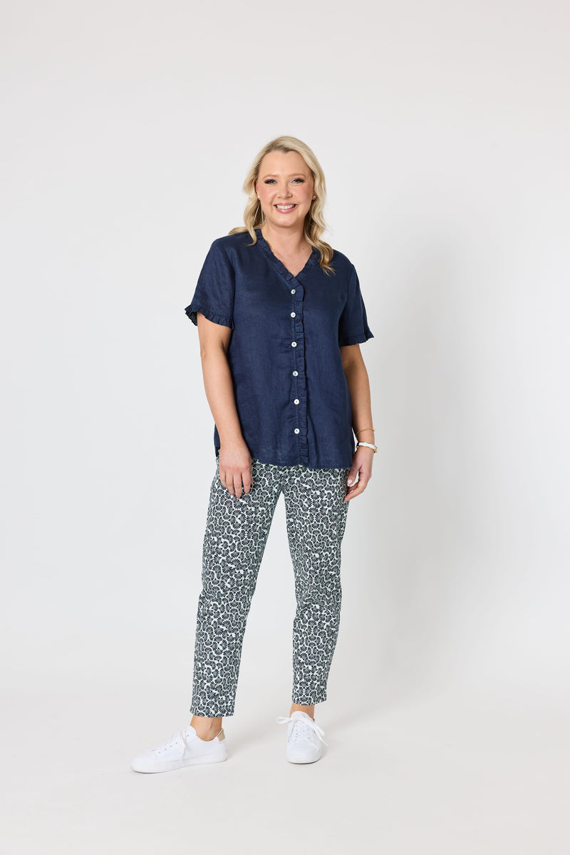 Load image into Gallery viewer, Gordon Smiths Womens Audrey Linen Short Sleeve Ruffle Shirt

