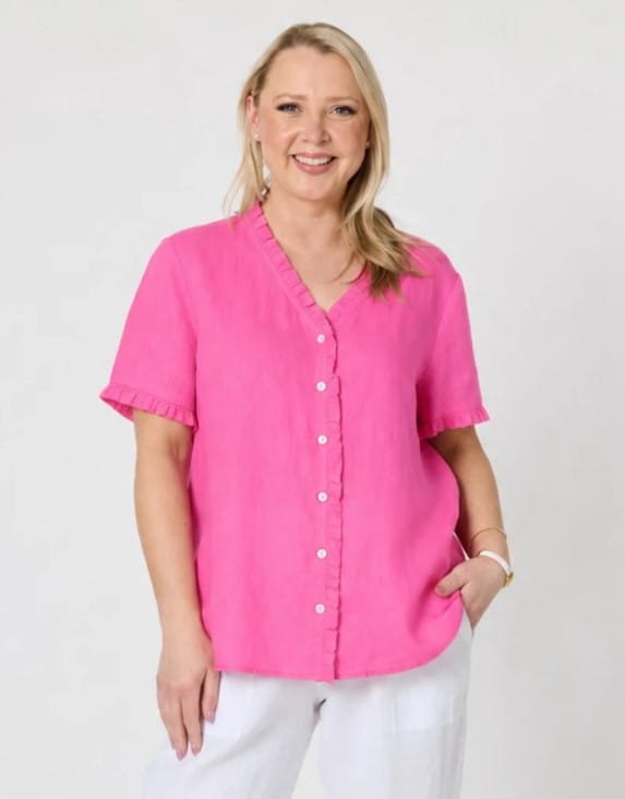 Load image into Gallery viewer, Gordon Smiths Womens Audrey Linen Short Sleeve Ruffle Shirt
