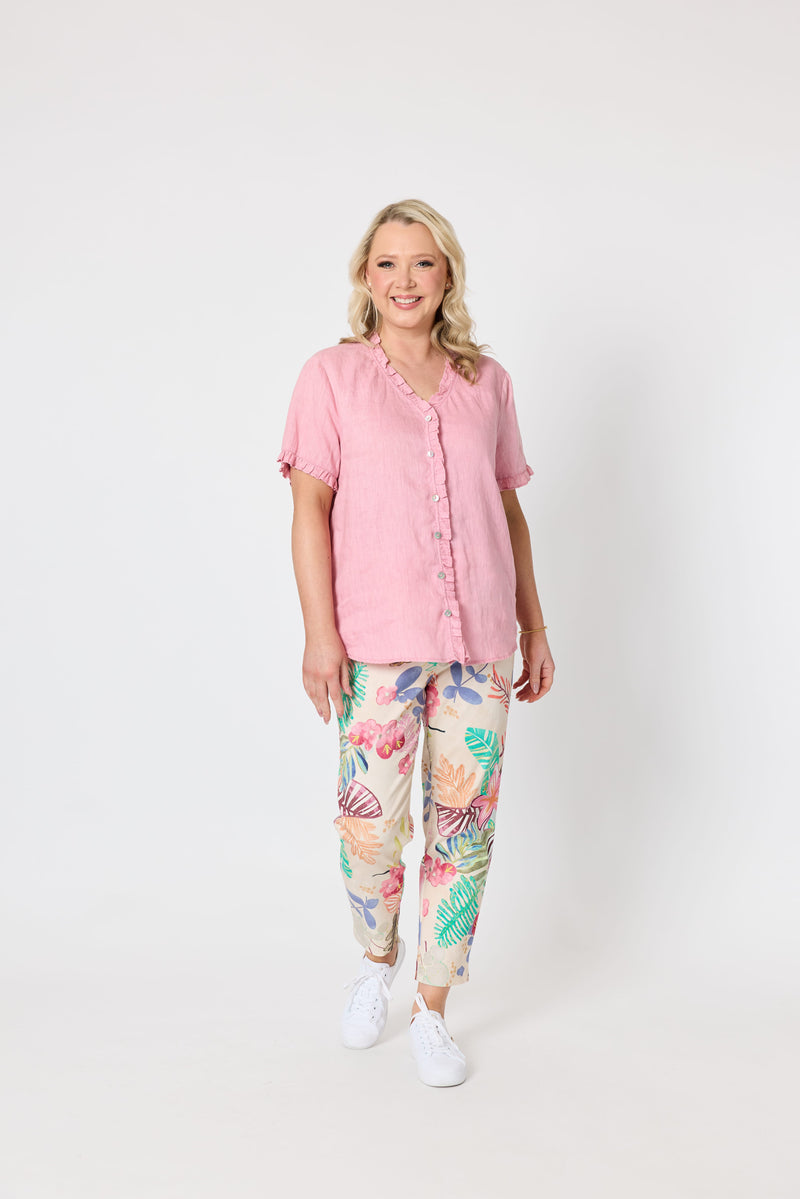 Load image into Gallery viewer, Gordon Smiths Womens Audrey Linen Short Sleeve Ruffle Shirt - Musk
