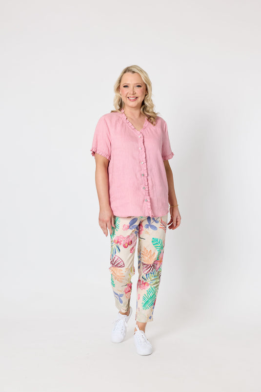 Gordon Smiths Womens Audrey Linen Short Sleeve Ruffle Shirt - Musk