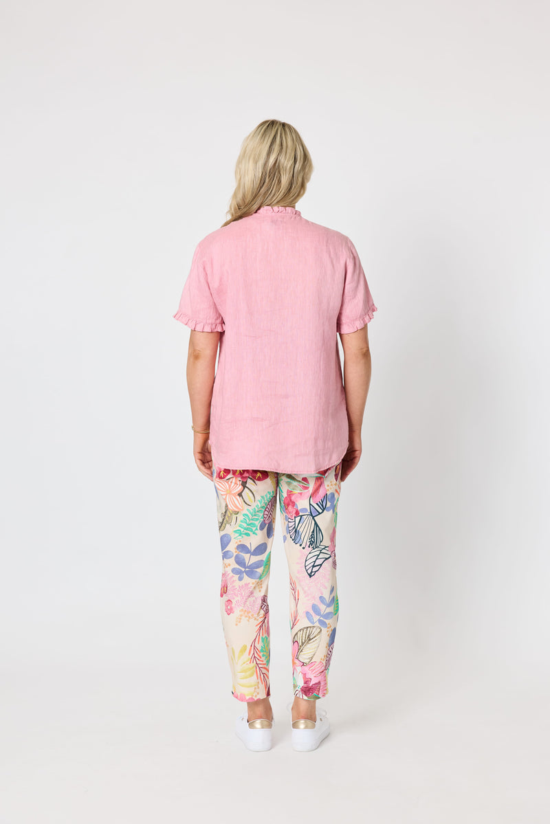 Load image into Gallery viewer, Gordon Smiths Womens Audrey Linen Short Sleeve Ruffle Shirt - Musk
