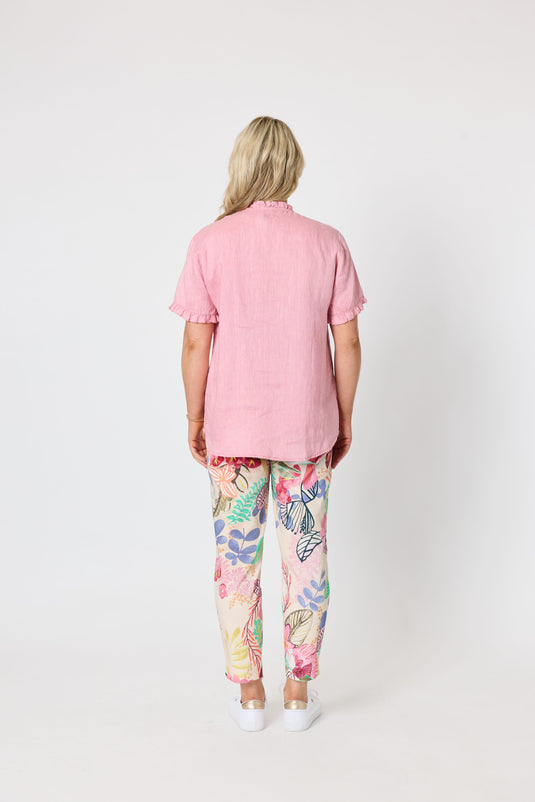 Gordon Smiths Womens Audrey Linen Short Sleeve Ruffle Shirt - Musk