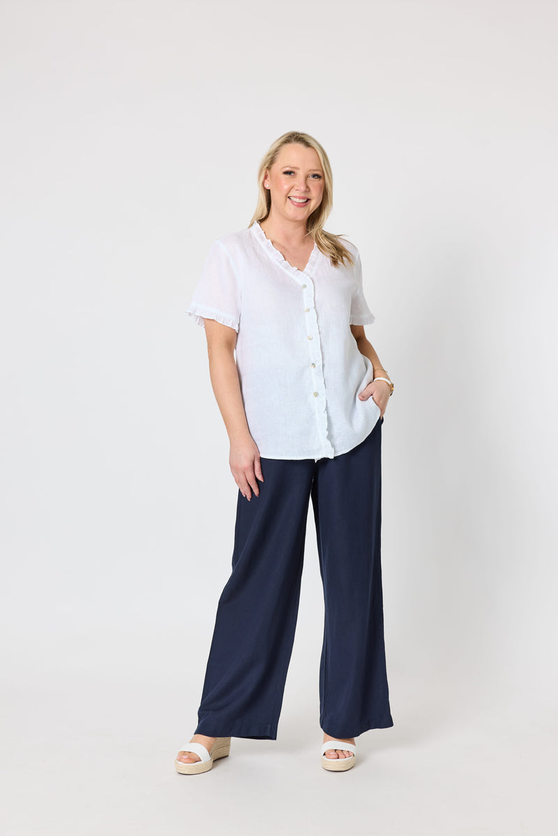 Load image into Gallery viewer, Gordon Smiths Womens Audrey Linen Short Sleeve Ruffle Shirt
