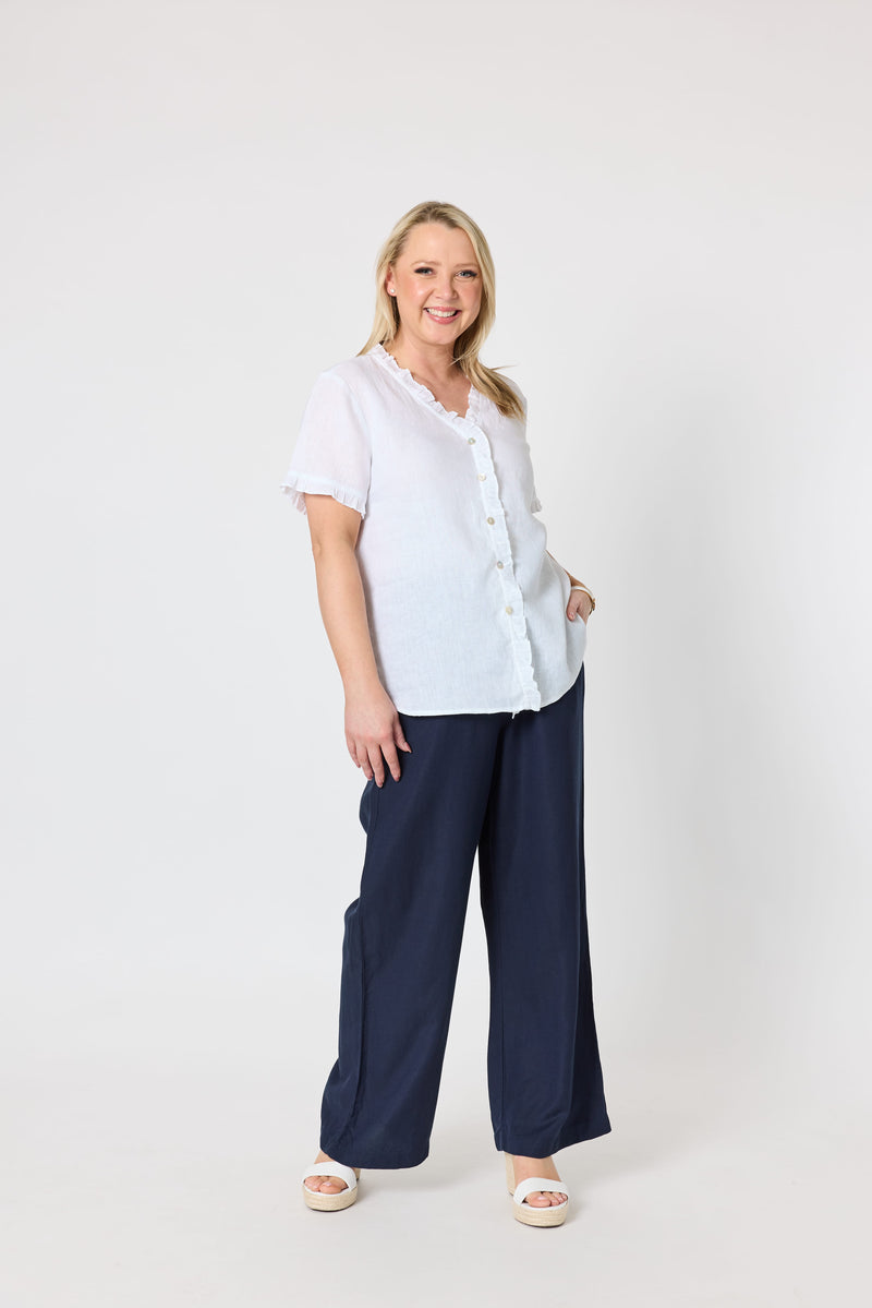Load image into Gallery viewer, Gordon Smiths Womens Audrey Linen Short Sleeve Ruffle Shirt
