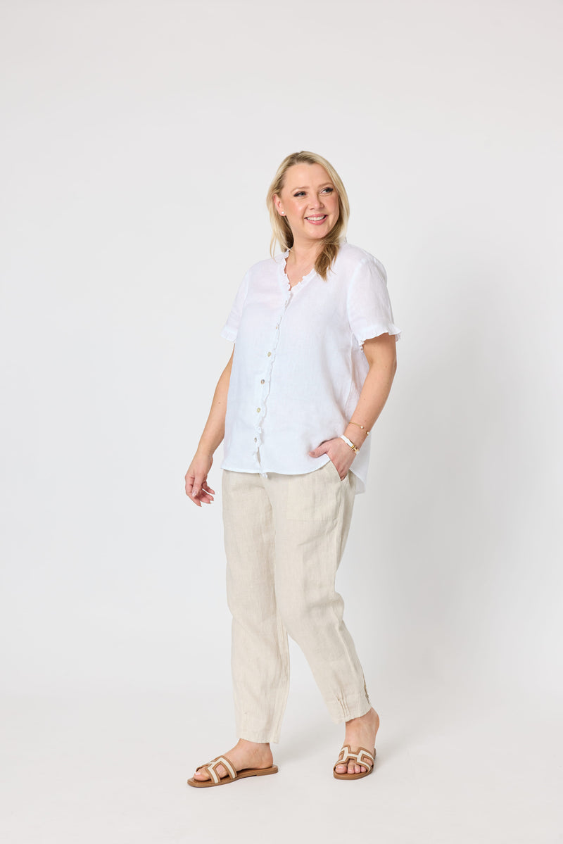 Load image into Gallery viewer, Gordon Smiths Womens Audrey Linen Short Sleeve Ruffle Shirt - White
