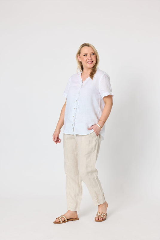 Gordon Smiths Womens Audrey Linen Short Sleeve Ruffle Shirt - White