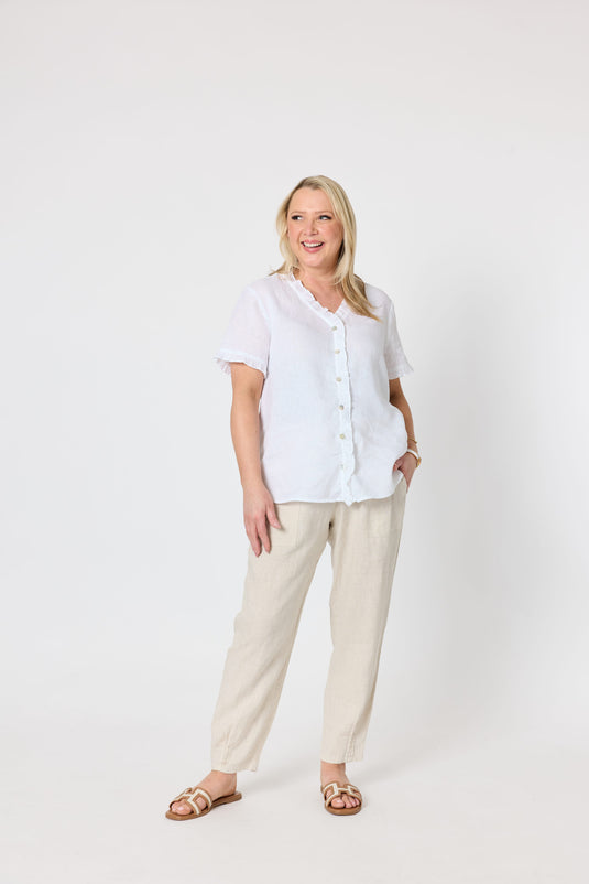 Gordon Smiths Womens Audrey Linen Short Sleeve Ruffle Shirt - White