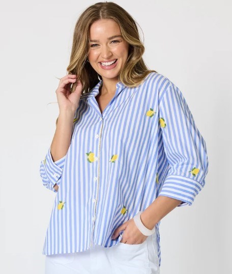 Load image into Gallery viewer, Threadz Womens Spritz Embroidered Stripe Print Shirt - Blue/White
