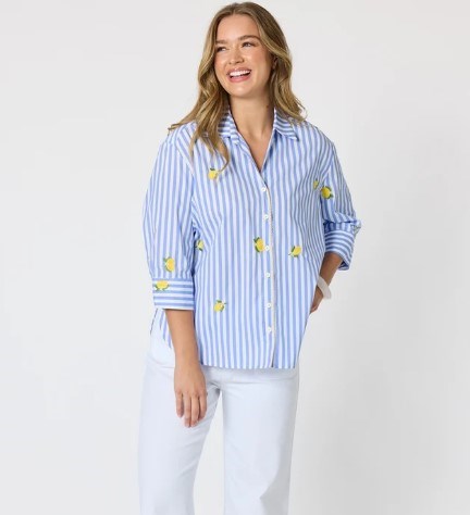 Threadz Womens Spritz Embroidered Stripe Print Shirt - Blue/White