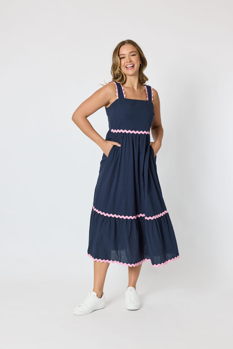 Load image into Gallery viewer, Threadz Women Casablanca Ric Rac Sundress - Navy
