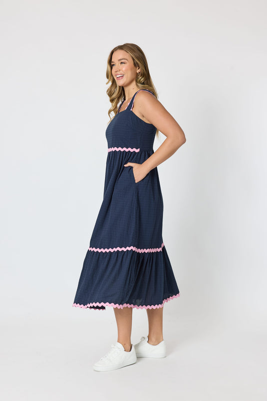 Threadz Women Casablanca Ric Rac Sundress - Navy