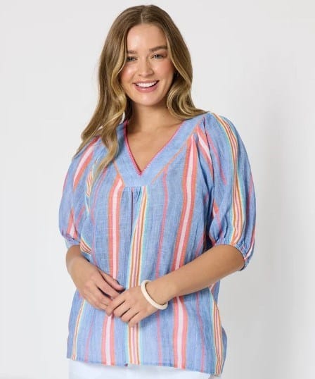Threadz Womens Laguna Stripe Print Top - Denim Multi