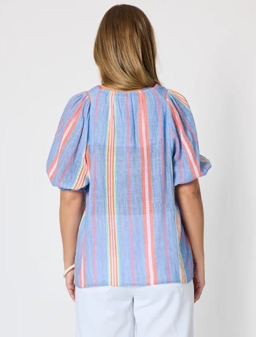 Threadz Womens Laguna Stripe Print Top - Denim Multi