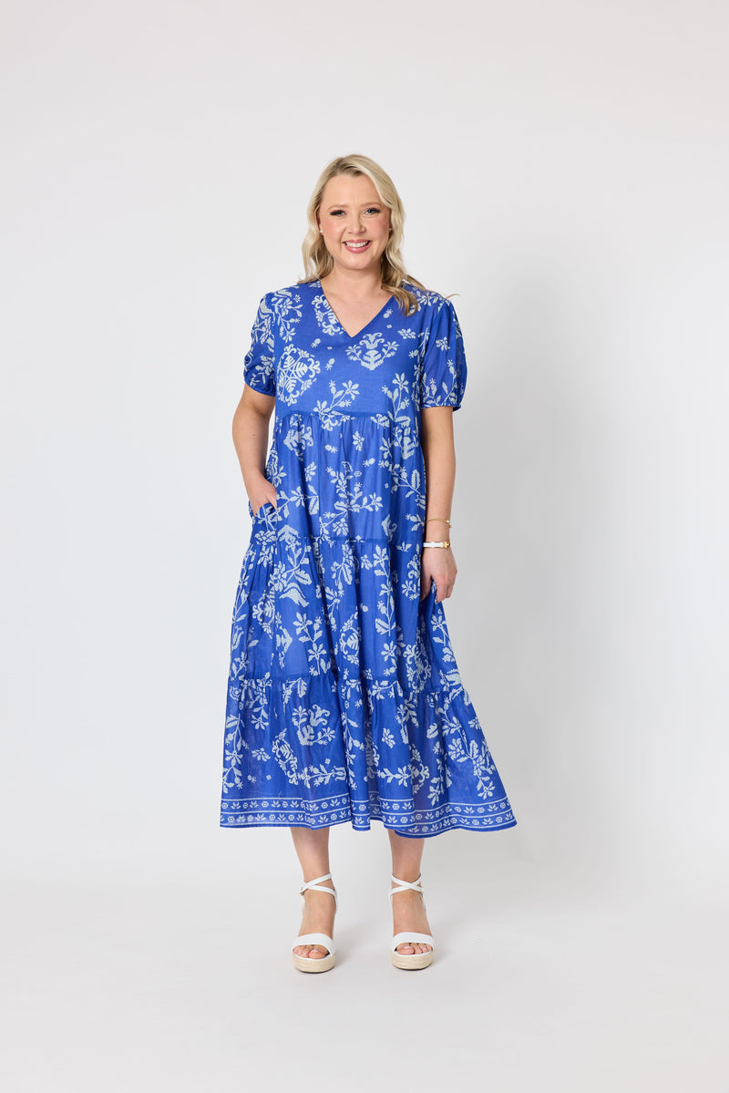 Load image into Gallery viewer, Gordon Smiths Womens Azure Garden Floral Print Dress - Azure White
