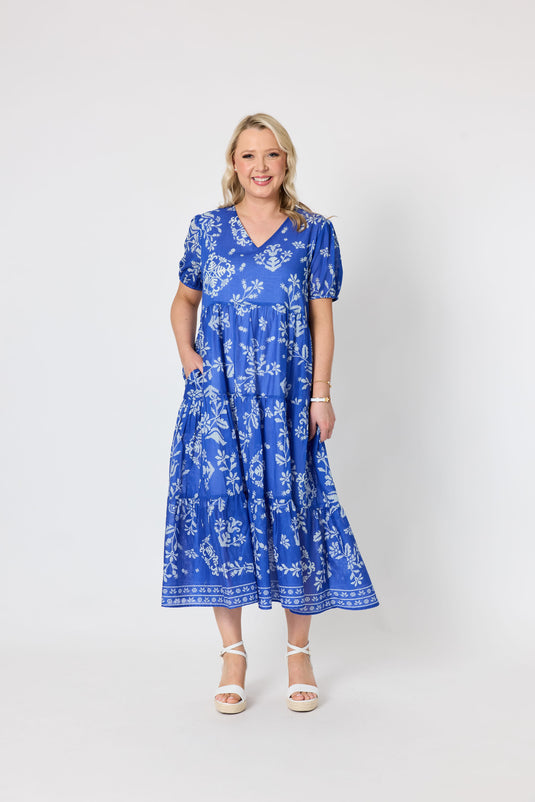 Gordon Smiths Womens Azure Garden Floral Print Dress - Azure White