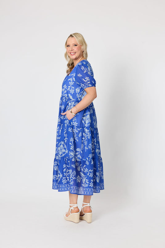 Gordon Smiths Womens Azure Garden Floral Print Dress - Azure White
