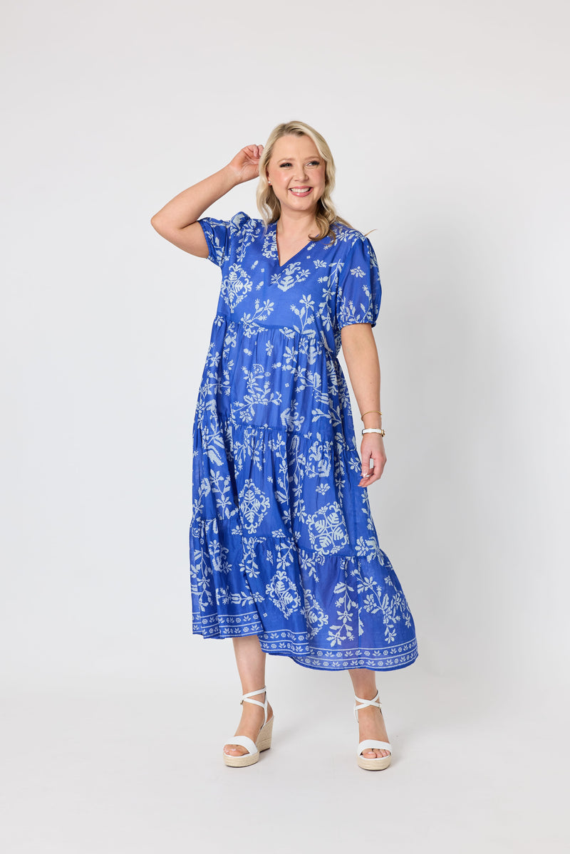 Load image into Gallery viewer, Gordon Smiths Womens Azure Garden Floral Print Dress - Azure White
