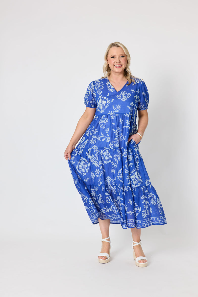 Load image into Gallery viewer, Gordon Smiths Womens Azure Garden Floral Print Dress - Azure White
