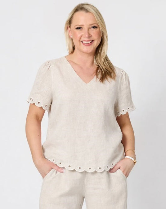 Gordon Smith Womens Lily Scallop Hem Linen Top - Natural