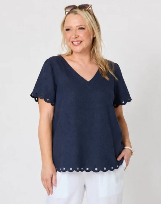 Gordon Smith Womens Lily Scallop Hem Linen Top - Navy