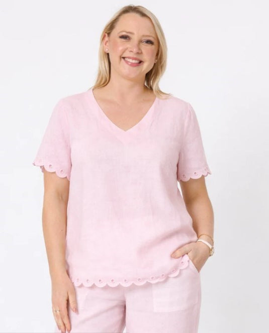 Gordon Smith Womens Lily Scallop Hem Linen Top - Pale Pink