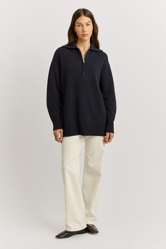 Toorallie Womens Relaxed Longline Zip Polo - French Navy