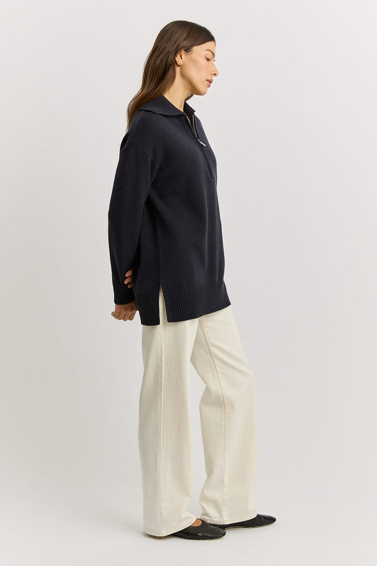 Toorallie Womens Relaxed Longline Zip Polo - French Navy